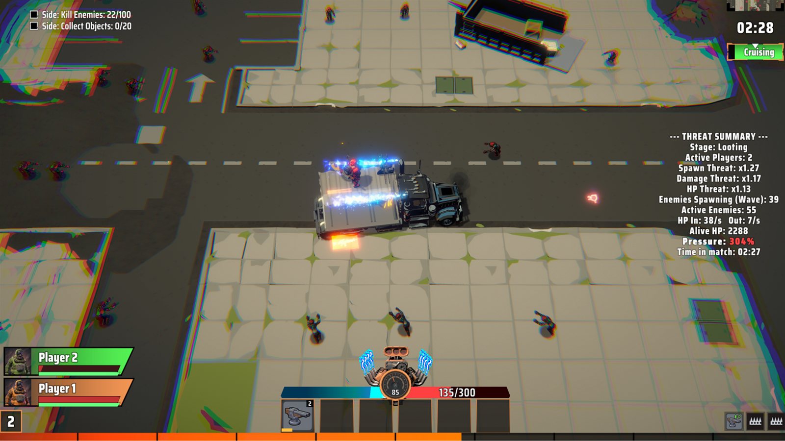 Top-down co-op run: two players riding the rig through town between objectives