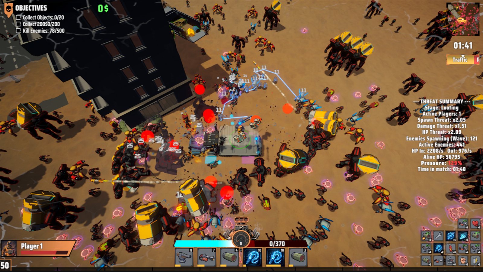 Surrounded in the city ruins: heavy yellow mechs wading through the swarm toward the crew