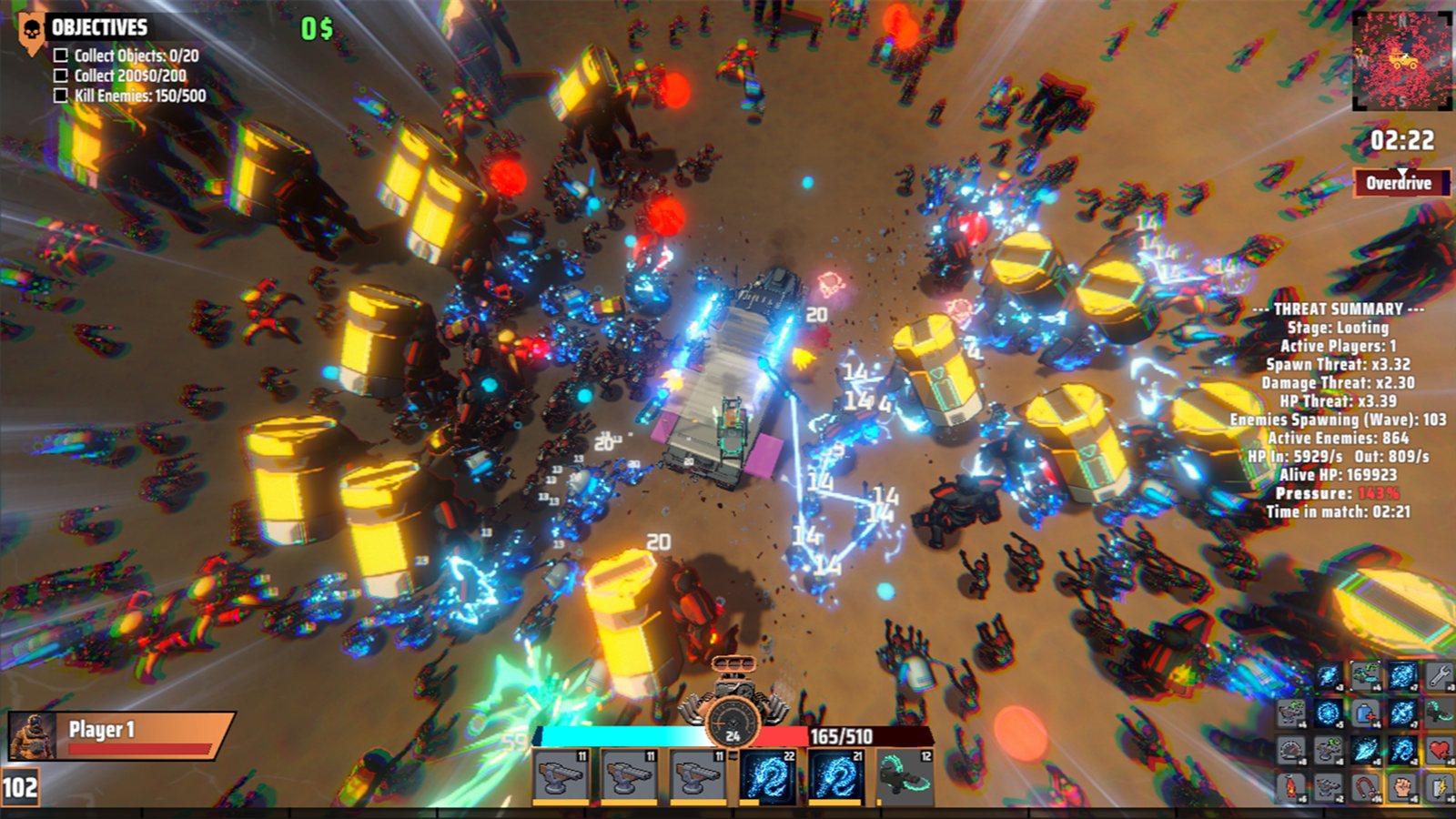 Overdrive stage: lightning weapons arcing through the robot horde surrounding the Big Rig