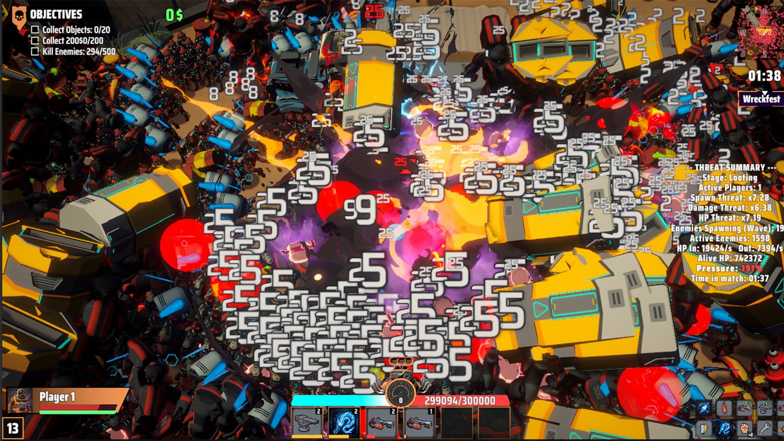 A late-run swarm: hundreds of machines piling onto the truck as damage numbers fill the screen