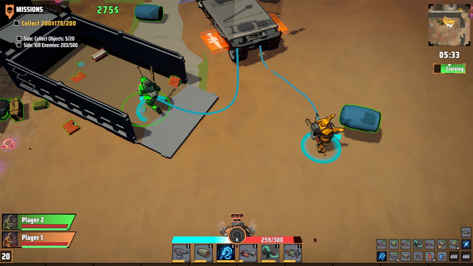Two players winched to the truck by glowing tethers while looting a dumpster