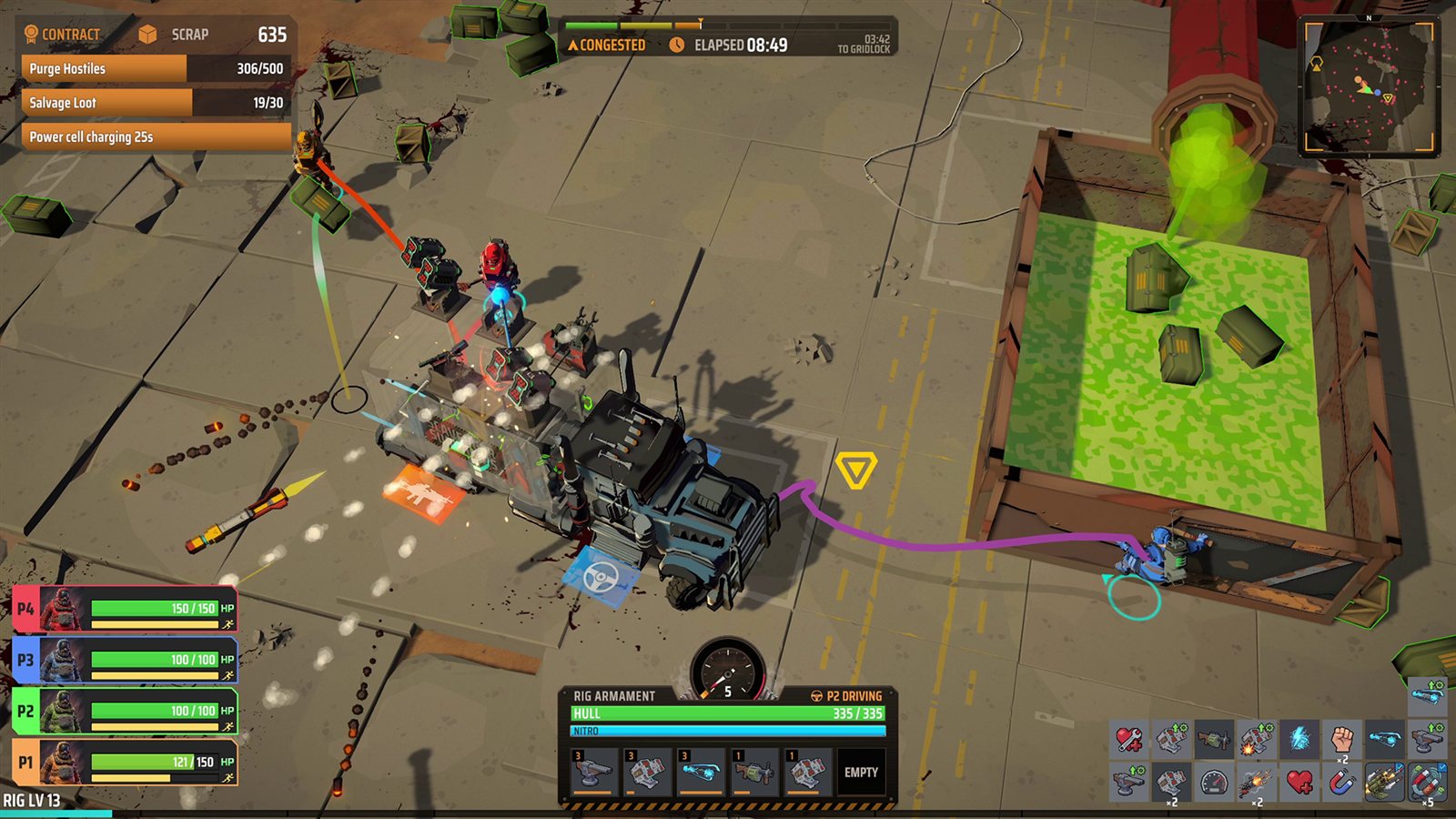 Dumping salvaged loot into the glowing deposit zone under mounted-turret cover