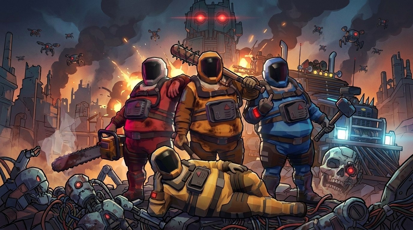Key art: the four-survivor crew posing on a robot battlefield beneath a red-eyed mech tower