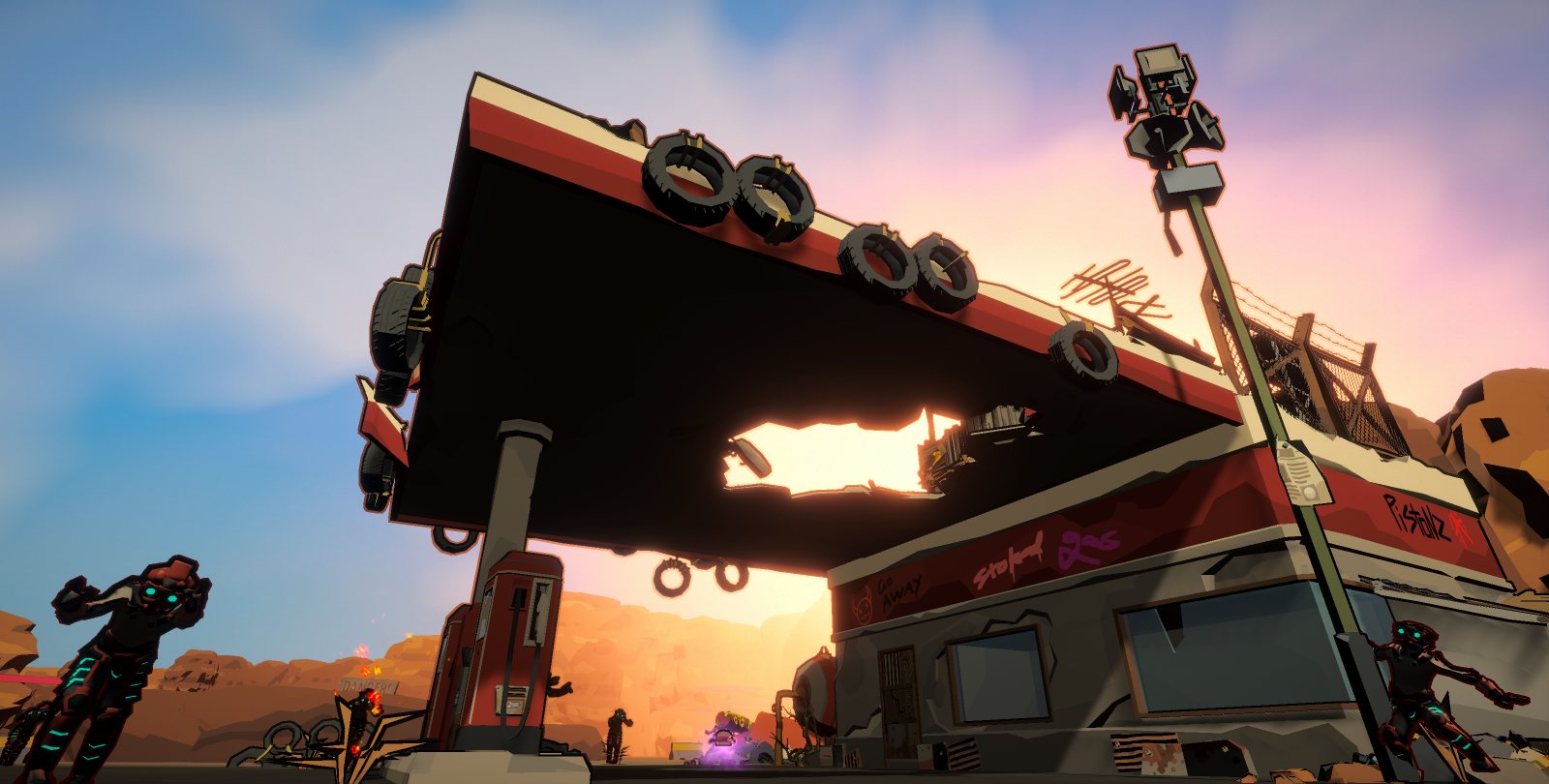 Ruined gas station at sunset, robots closing in under a tire-covered canopy