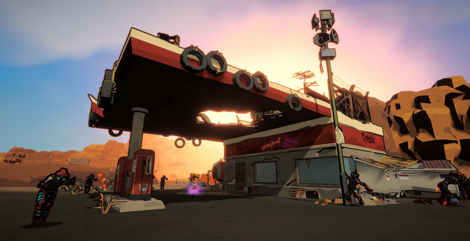 Wide view of the Pistonz gas station with machine patrols in the desert