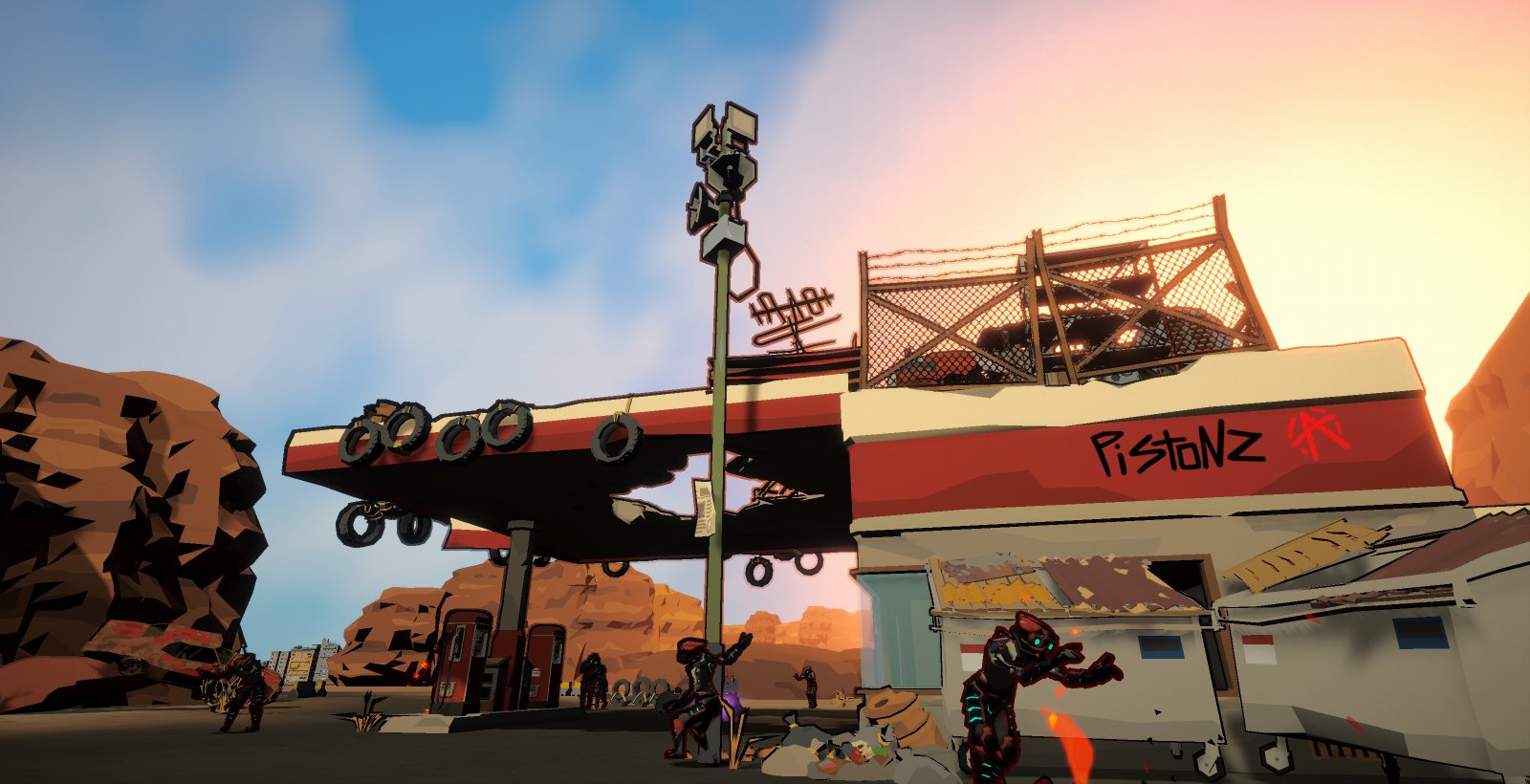 Pistonz garage covered in graffiti, a red-glowing robot prowling the dumpsters