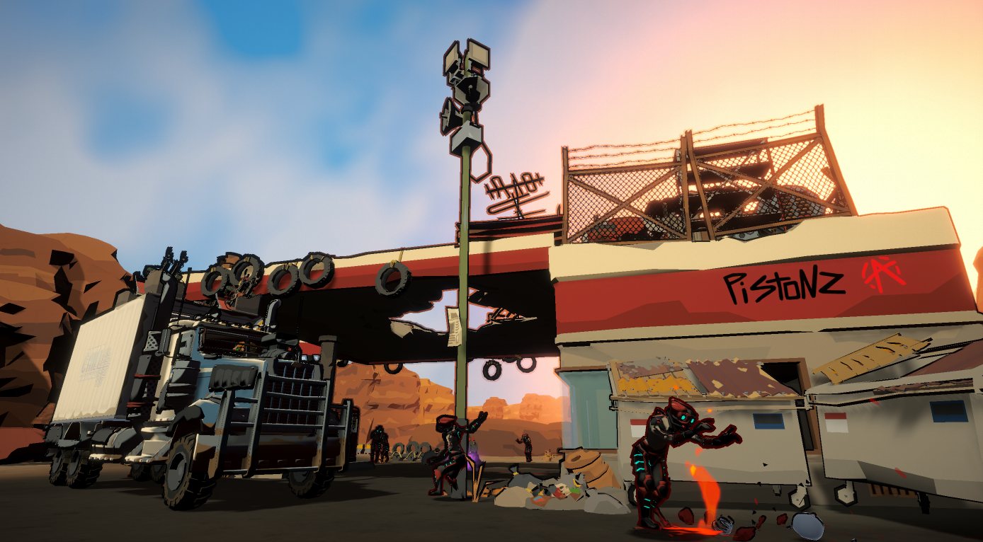 The Big Rig up close while a survivor fights a burning robot