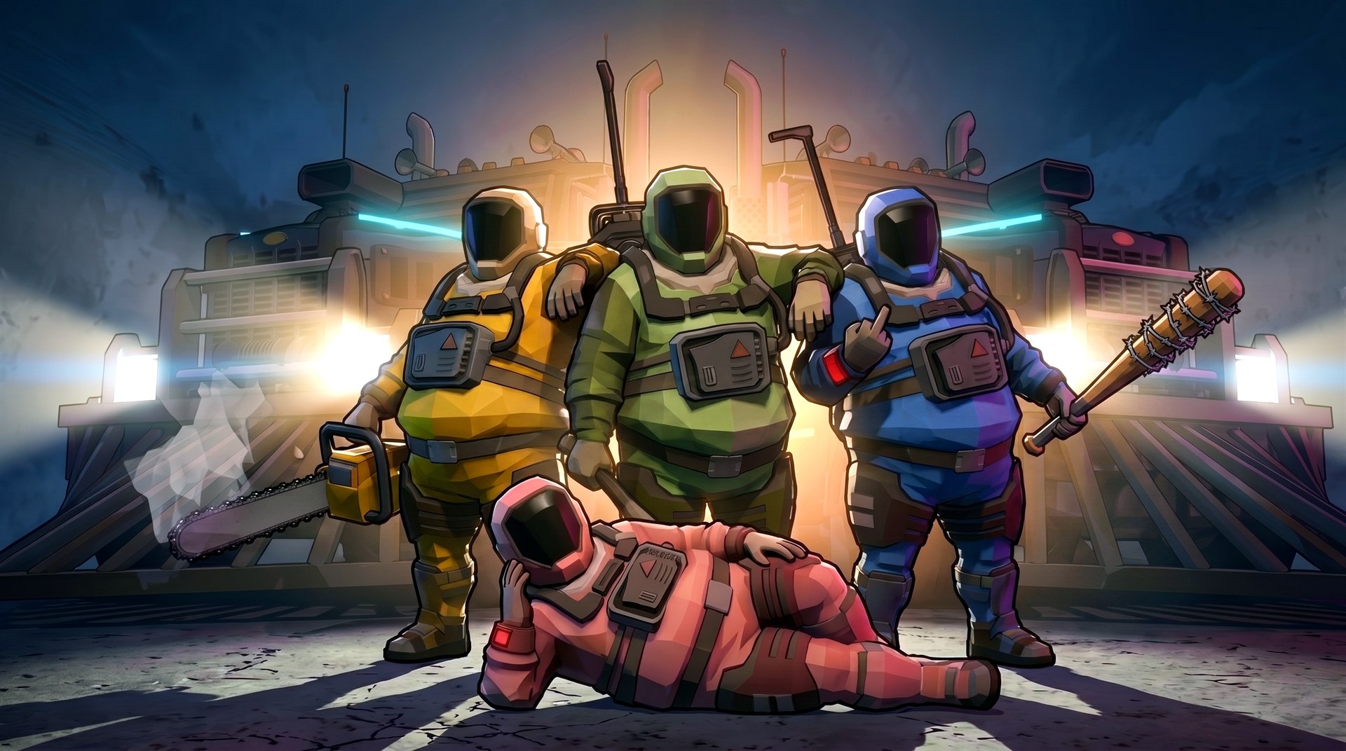The four-survivor crew posing in front of two armored trucks